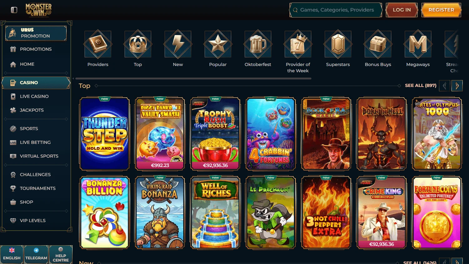 Monsterwin Casino desktop game catalogue