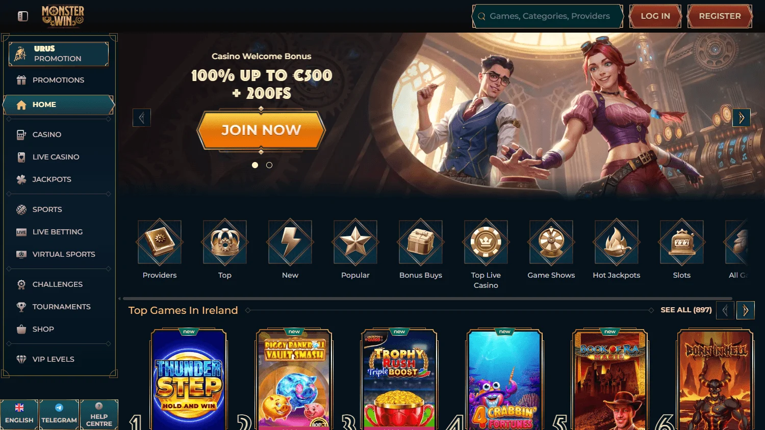 Monsterwin Casino desktop home screen