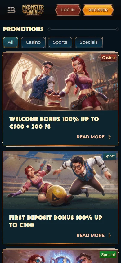 Monsterwin Casino mobile browser promotions area