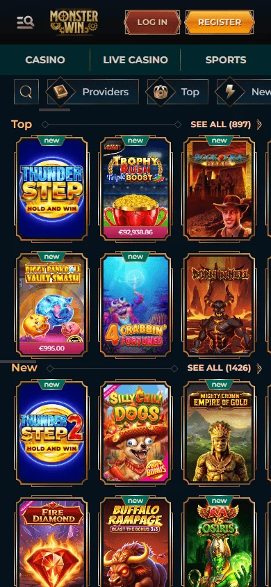 Monsterwin Casino mobile browser game catalogue